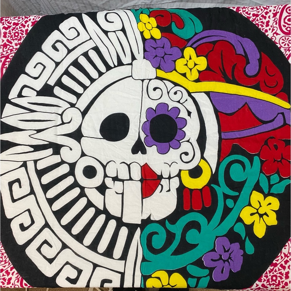 Sugar Skull Beach Coverup Wrap Sarong "Aztec Catrina” Red Batik fringe wall art